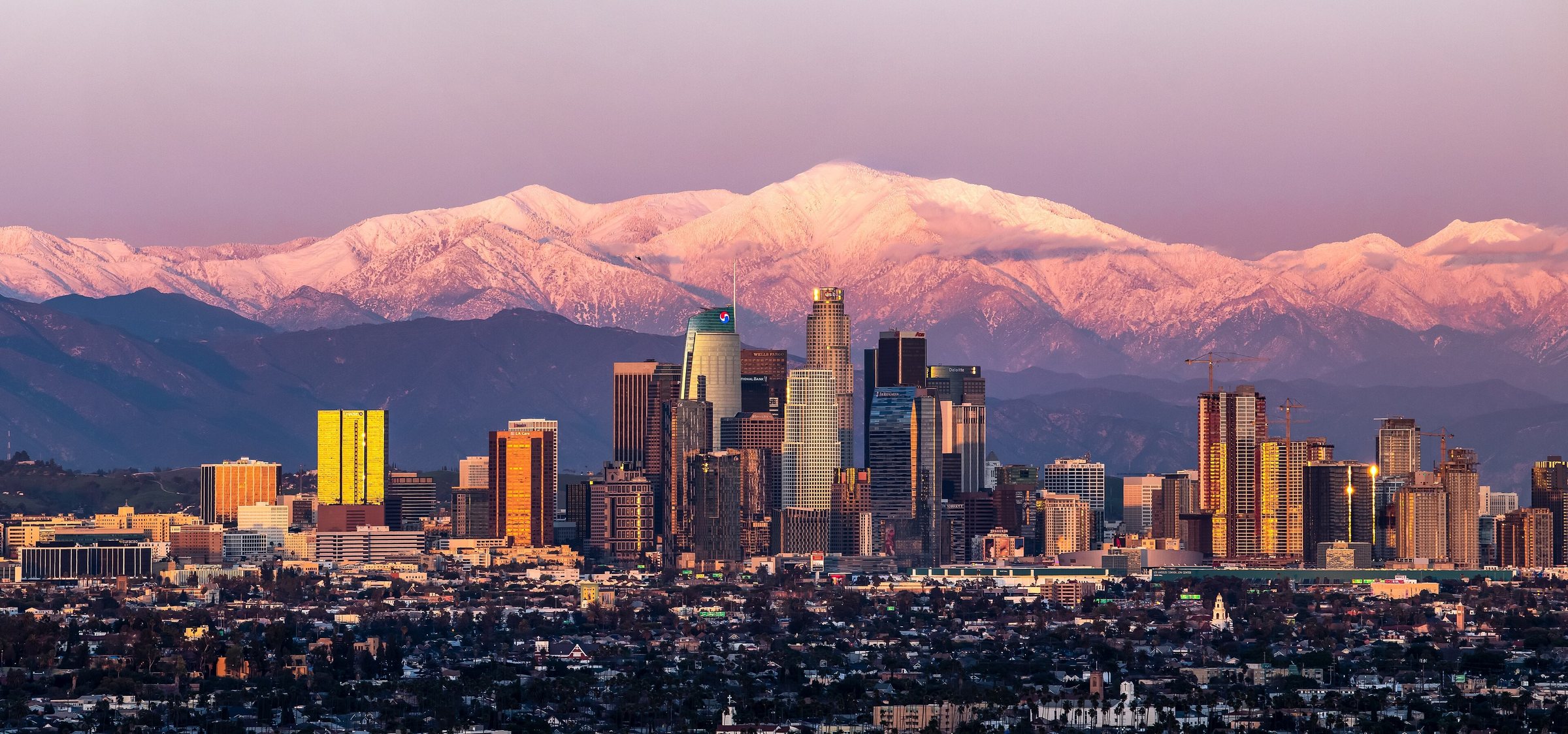 Los Angeles with the San Gabriel Mountains at sunset